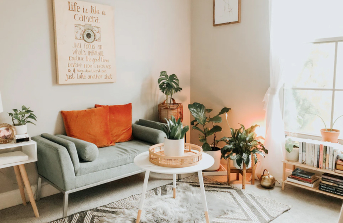 Зальная комната с очень красивым ковром на полу, книжным столиком и диванчиком, для хорошего отдыха